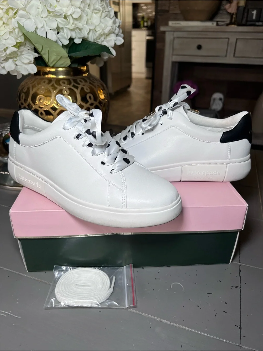 Kate Spade White Leather Sneakers with Black Heel Tab Size 10